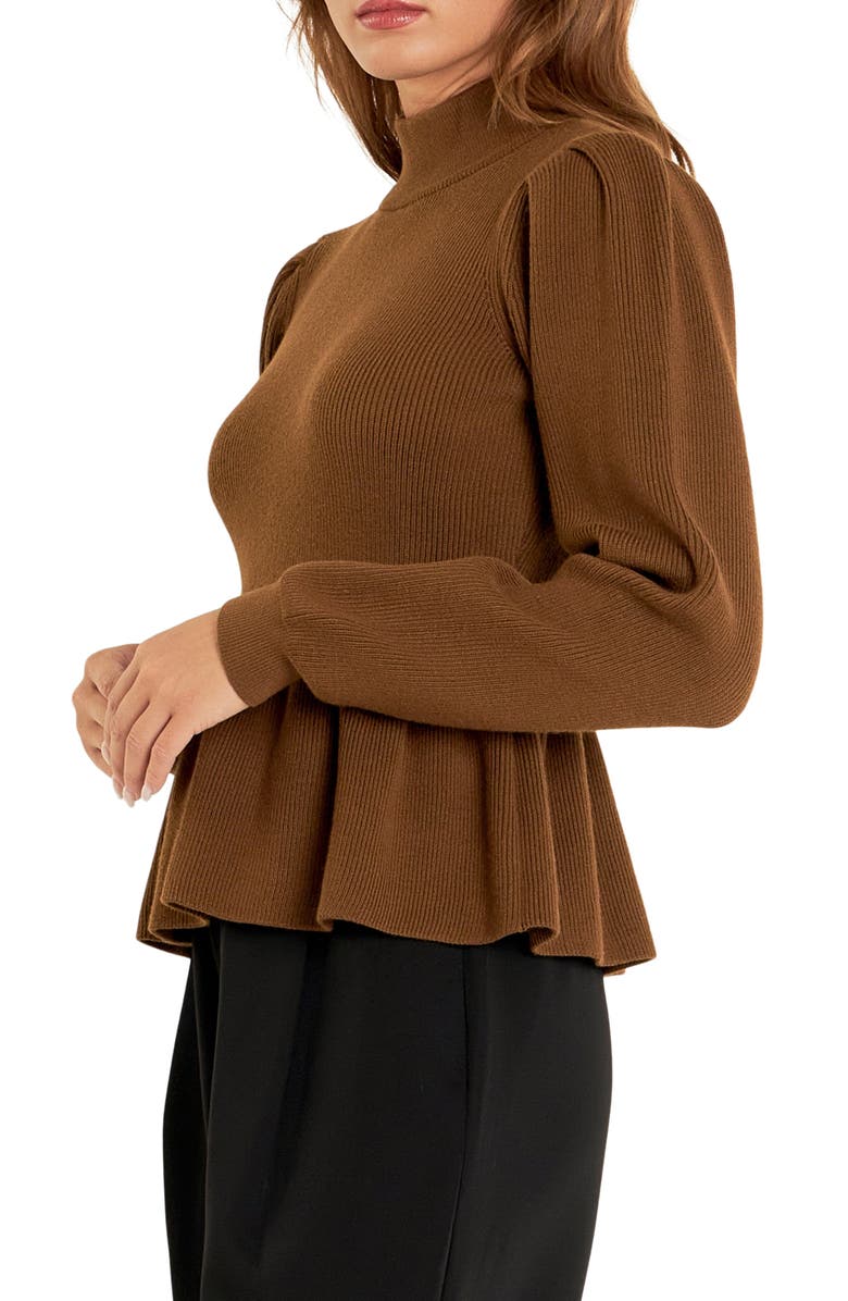 English Factory Mock Neck Peplum Rib Sweater, Alternate, color, Brown
