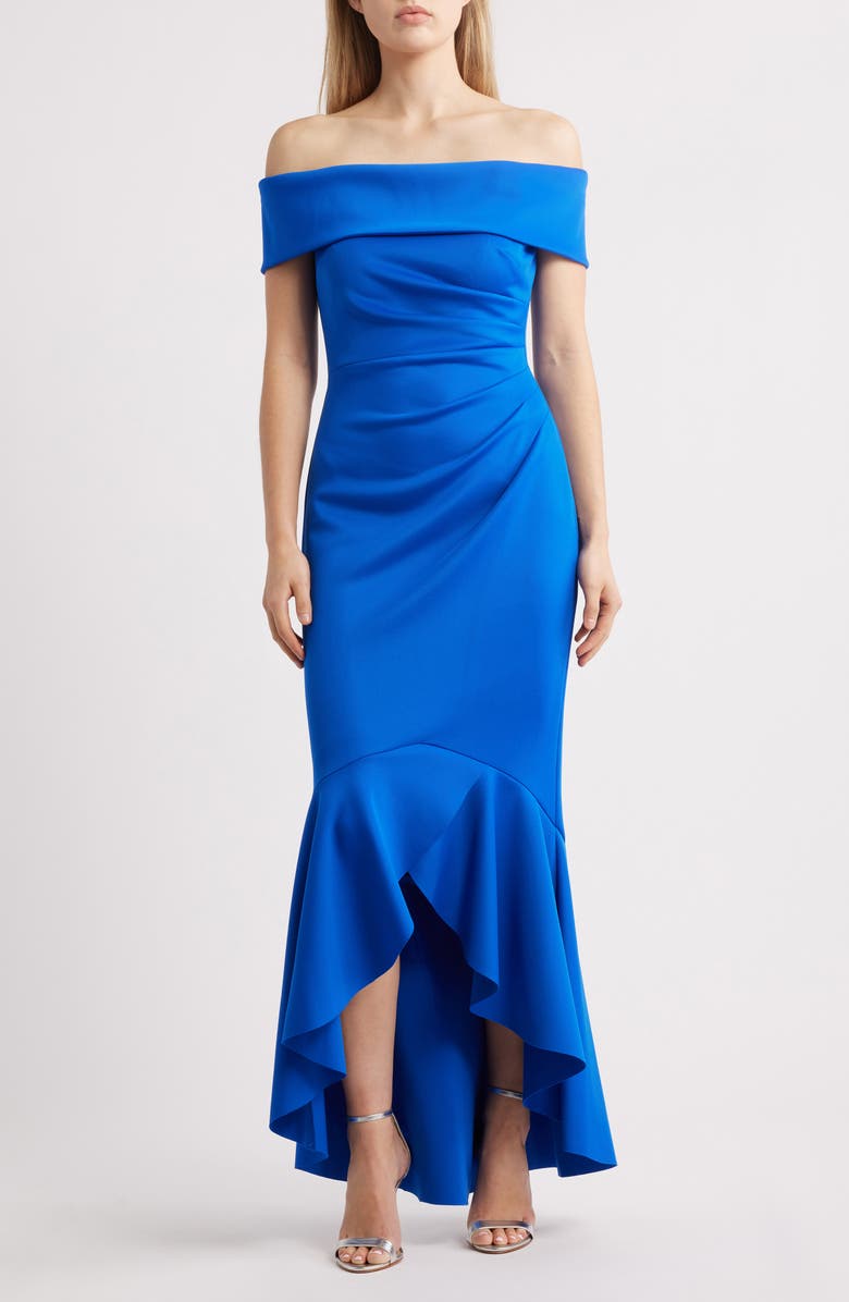 Eliza J Off the Shoulder High-Low Gown, Main, color, Cobalt
