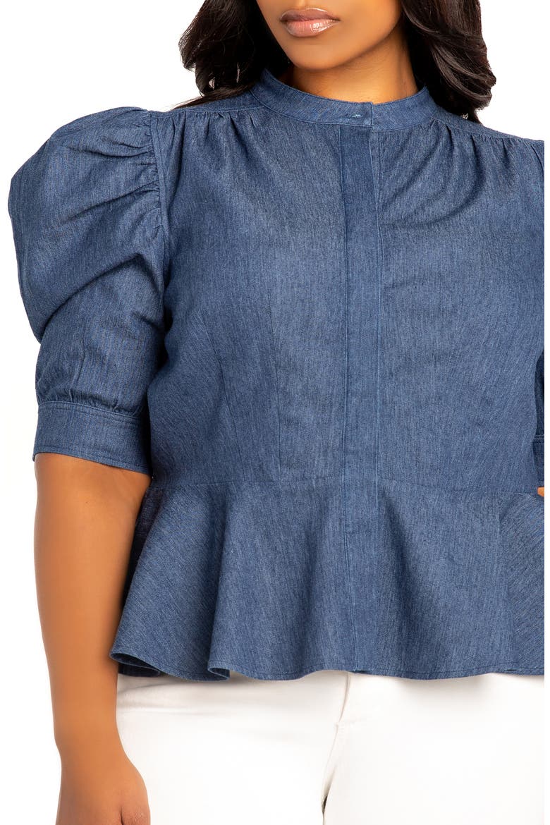 Puff Sleeve Peplum Denim Shirt, Alternate, color, DENIM BLUE