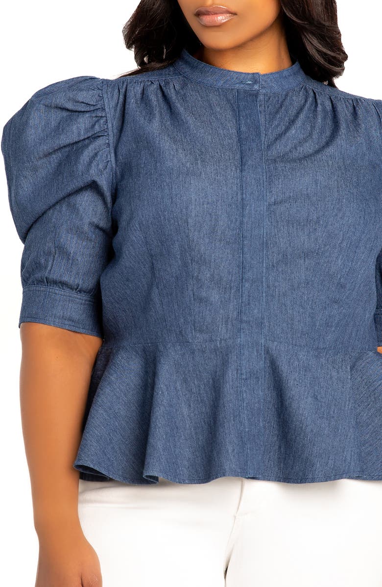 BUXOM COUTURE Puff Sleeve Peplum Denim Shirt, Alternate, color, 
