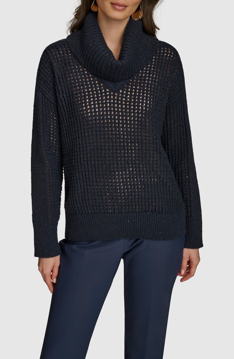 Donna Karan New York Sequin Open Knit Turtleneck Sweater, Main, color, 