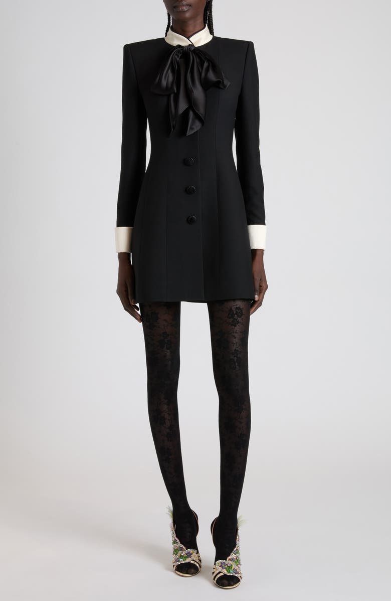 Valentino Bow Detail Long Sleeve Crepe Couture Minidress, Main, color, Black/ Cream