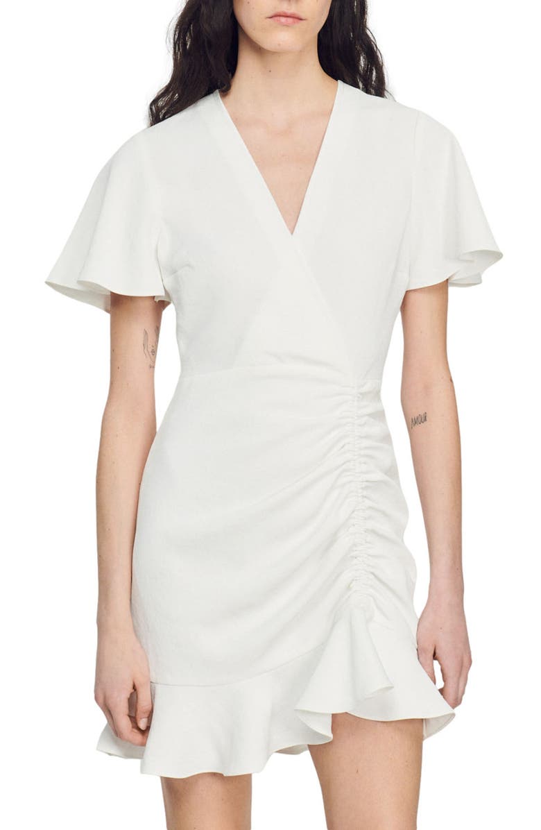 SANDRO Faux Wrap Mini Dress, Main, color, Ecru