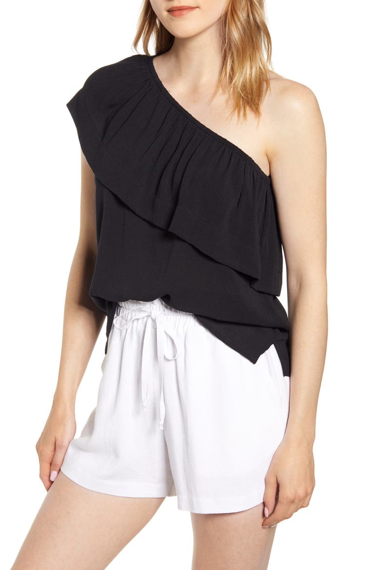 Gibson x Hi Sugarplum! Ibiza One-Shoulder Ruffle Top, Main, color, BLACK