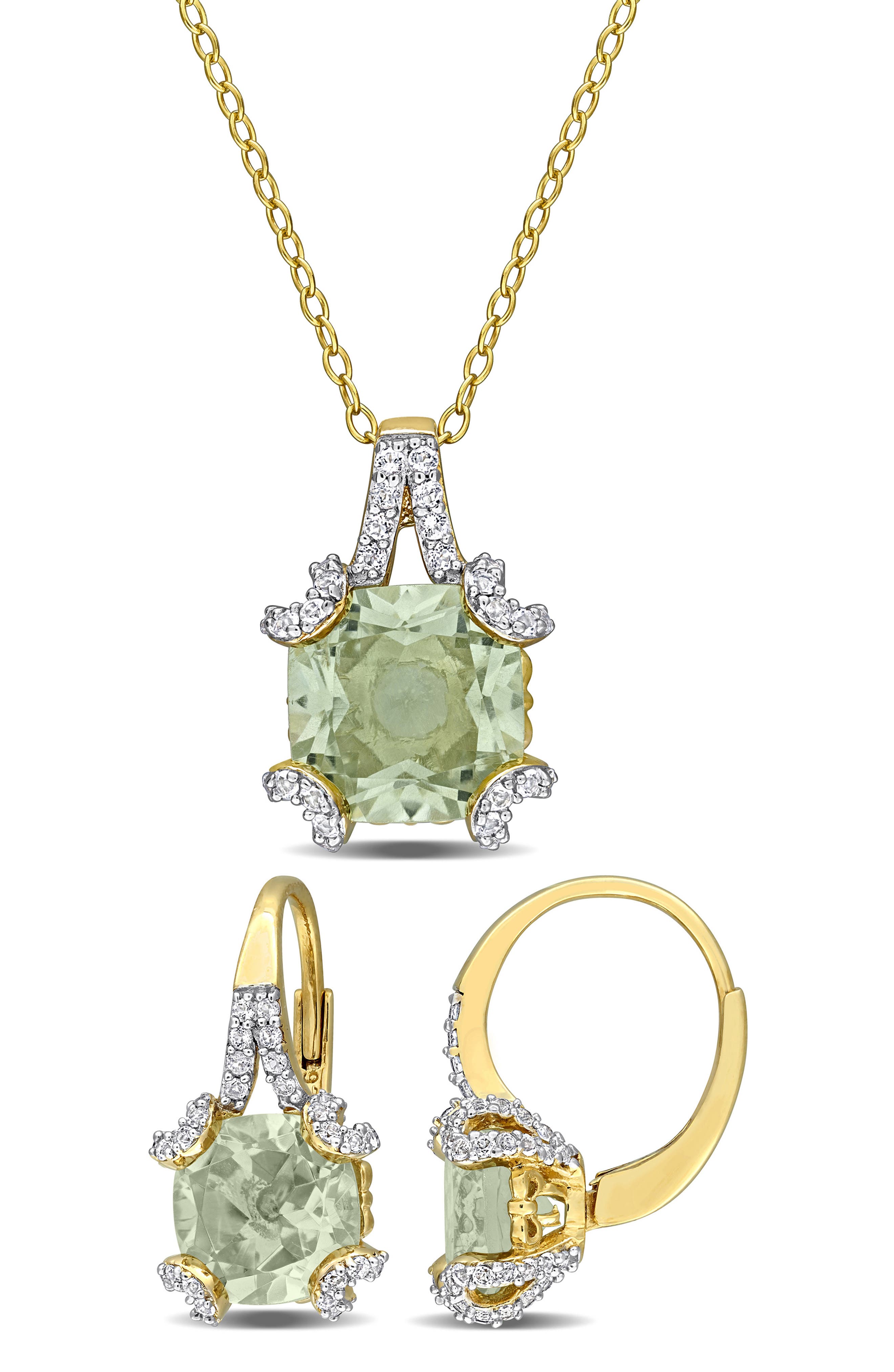 DELMAR Green Quartz & White Topaz Pendant Necklace & Drop Earrings Set
