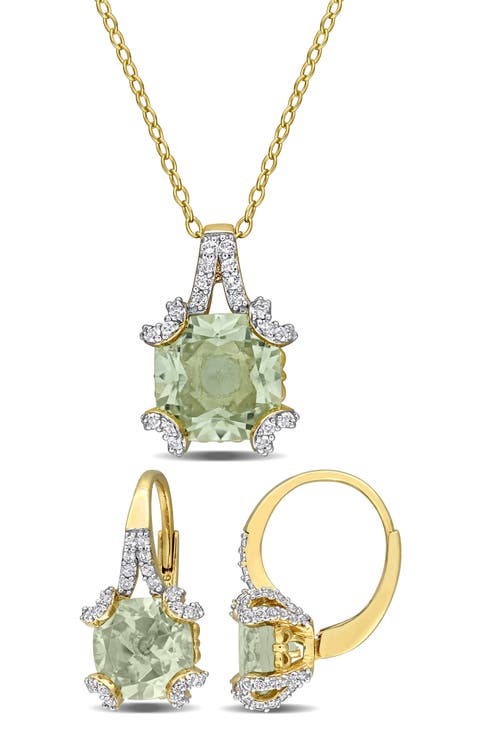 Green Quartz & White Topaz Pendant Necklace & Drop Earrings Set