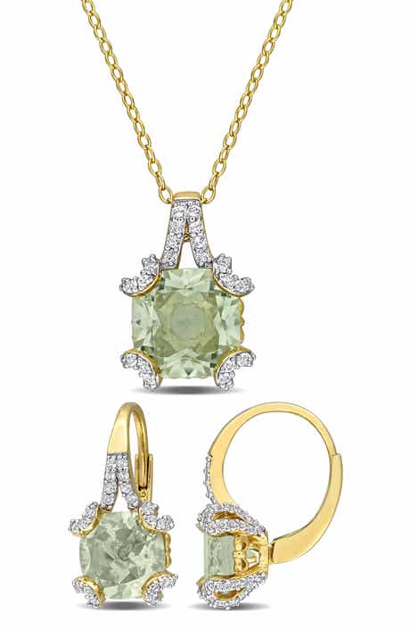 DELMAR Green Quartz & White Topaz Pendant Necklace & Drop Earrings Set