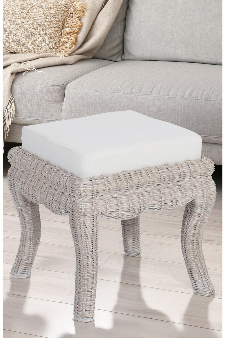 Rowan Coastal Woven Rattan Vanity Stool with Upholstered Cushion, Mango Wood Backless Makeup Chair for Bedroom Bath, Alternate, color, Gray White Wash