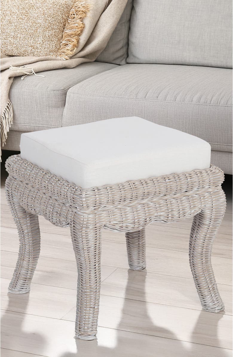 JONATHAN Y Rowan 19.7" Bohemian Designer Woven Rattan/Wood Ottoman Vanity Stool, White Cushion Seat, Alternate, color, Gray White Wash
