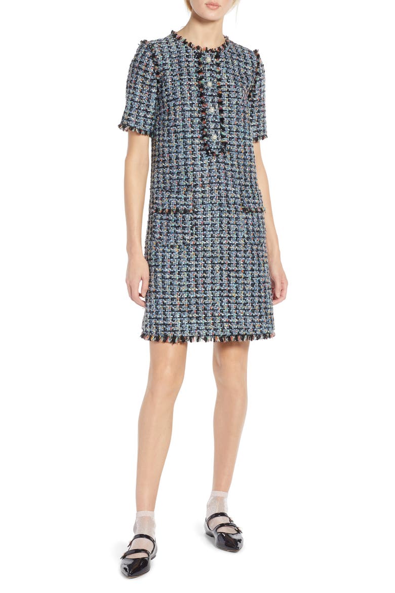 x Atlantic-Pacific Fringe Tweed Dress, Main, color, BLACK MULTI TWEED
