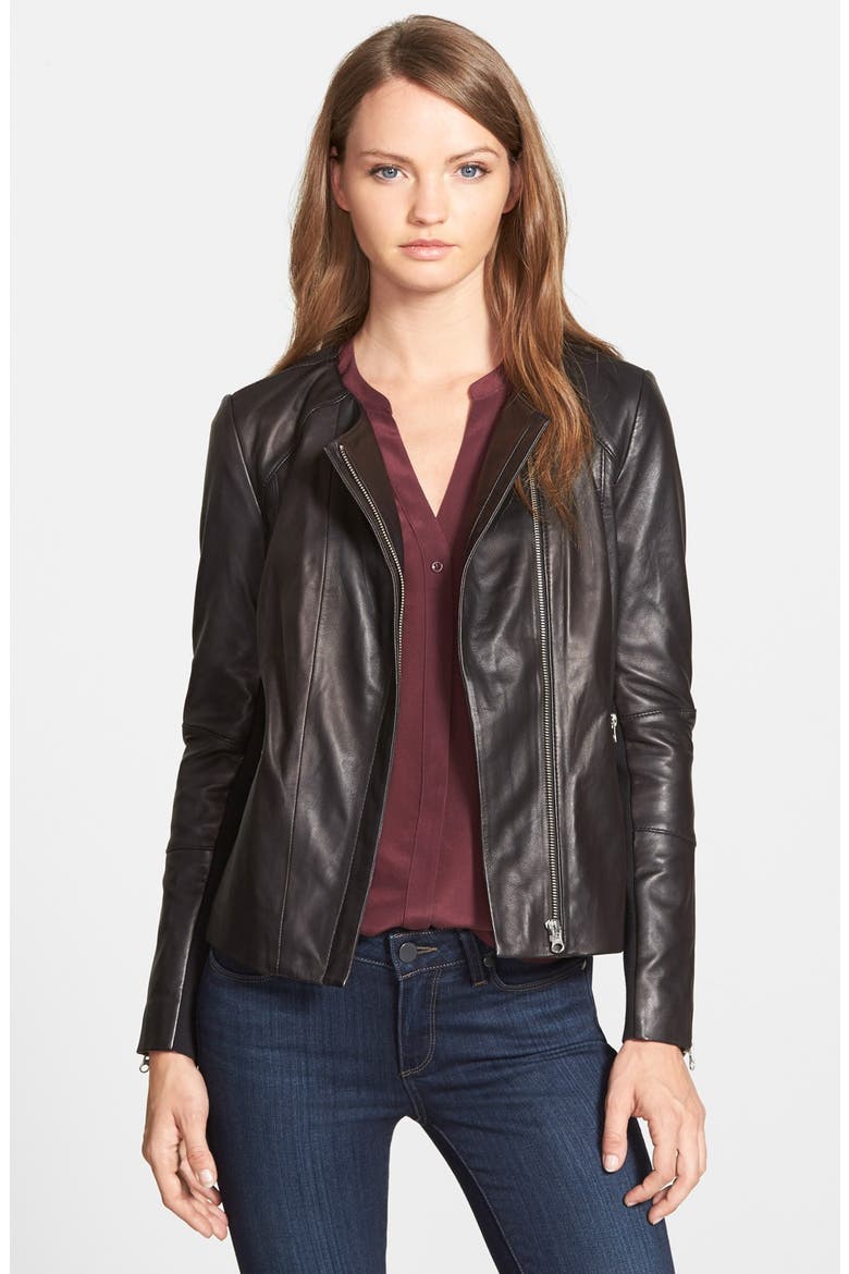 Collarless Leather Jacket, Main, color, BLACK
