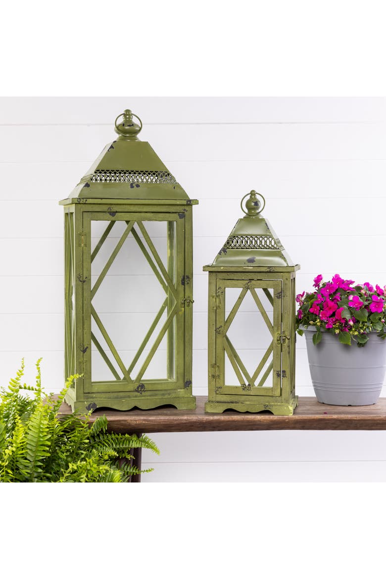 30 Inch Brown Spring Traditional Lanterns Set of 2 Glass Candle Holders for Home Decor, Alternate, color, Green