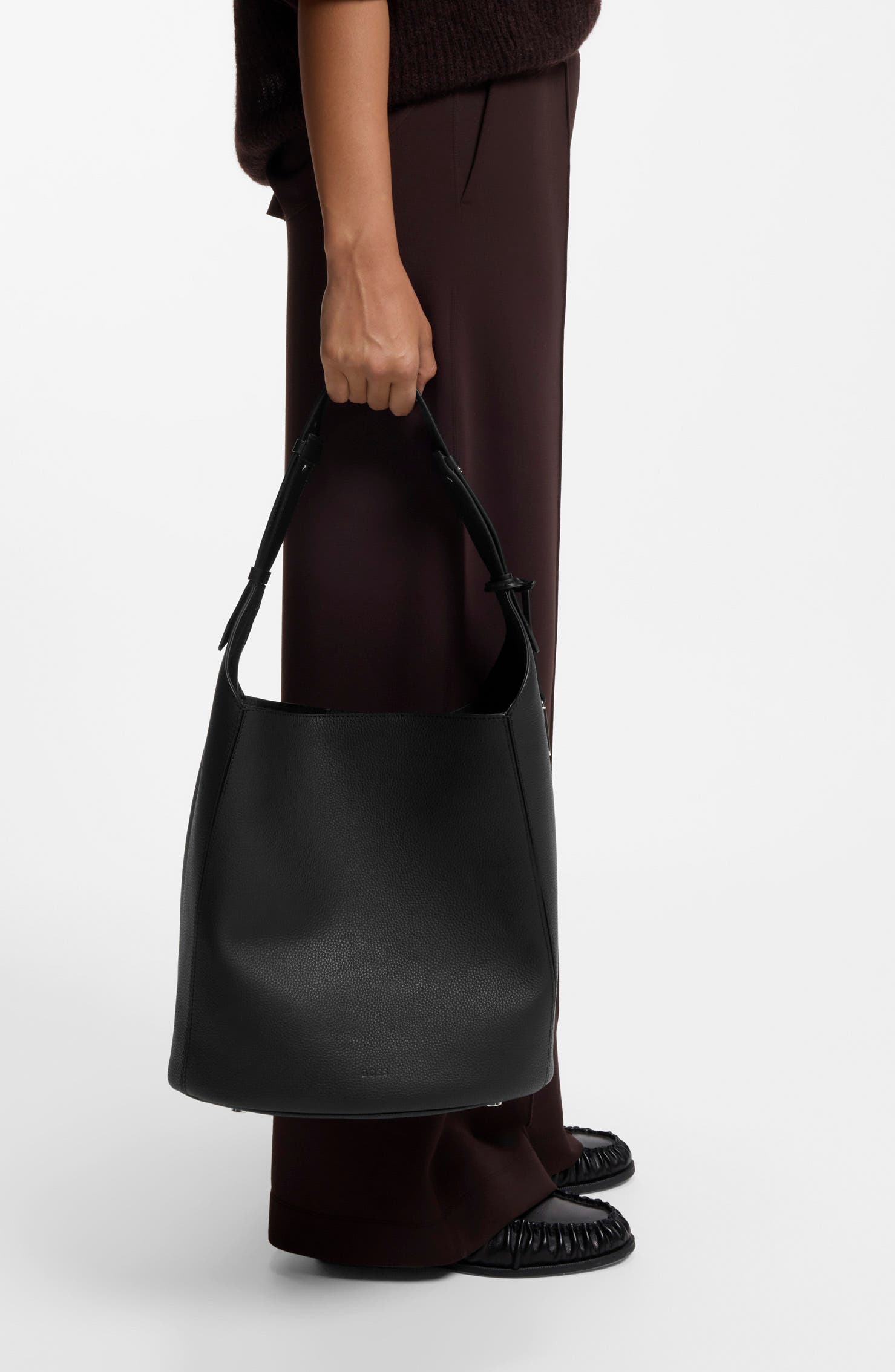Ameline Leather Bucket Bag, Main, color, BLACK