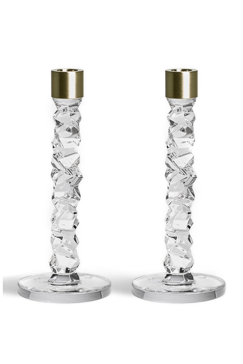 Carat Set of 2 Medium Crystal & Brass Candlesticks, Main, color, BRASS