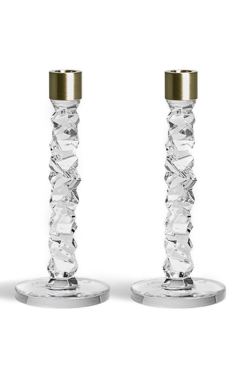 Orrefors Carat Set of 2 Medium Crystal & Brass Candlesticks, Main, color, Brass