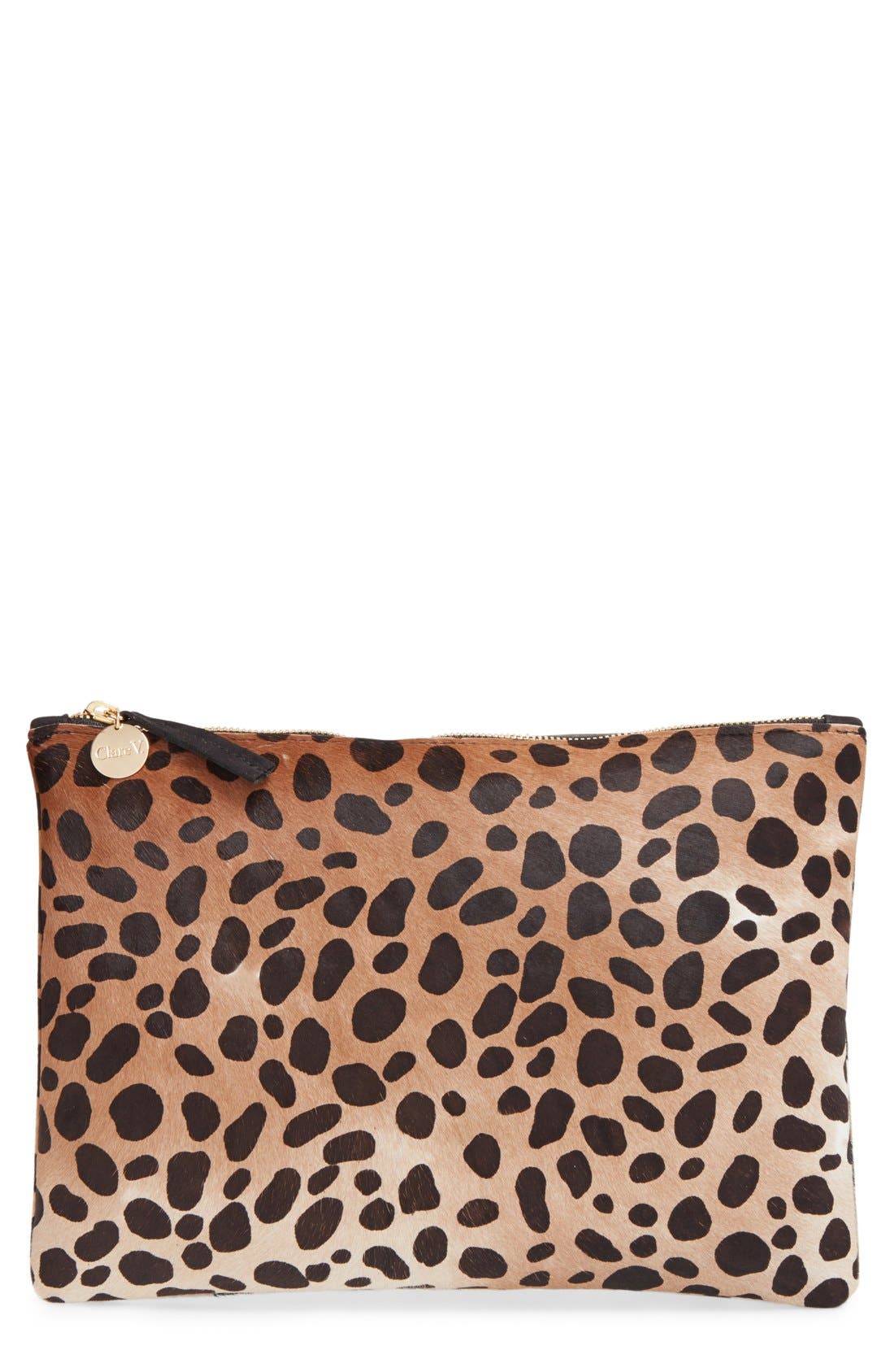 Clare V. Genuine Calf Hair Leopard Print Zip Clutch, Main, color, 