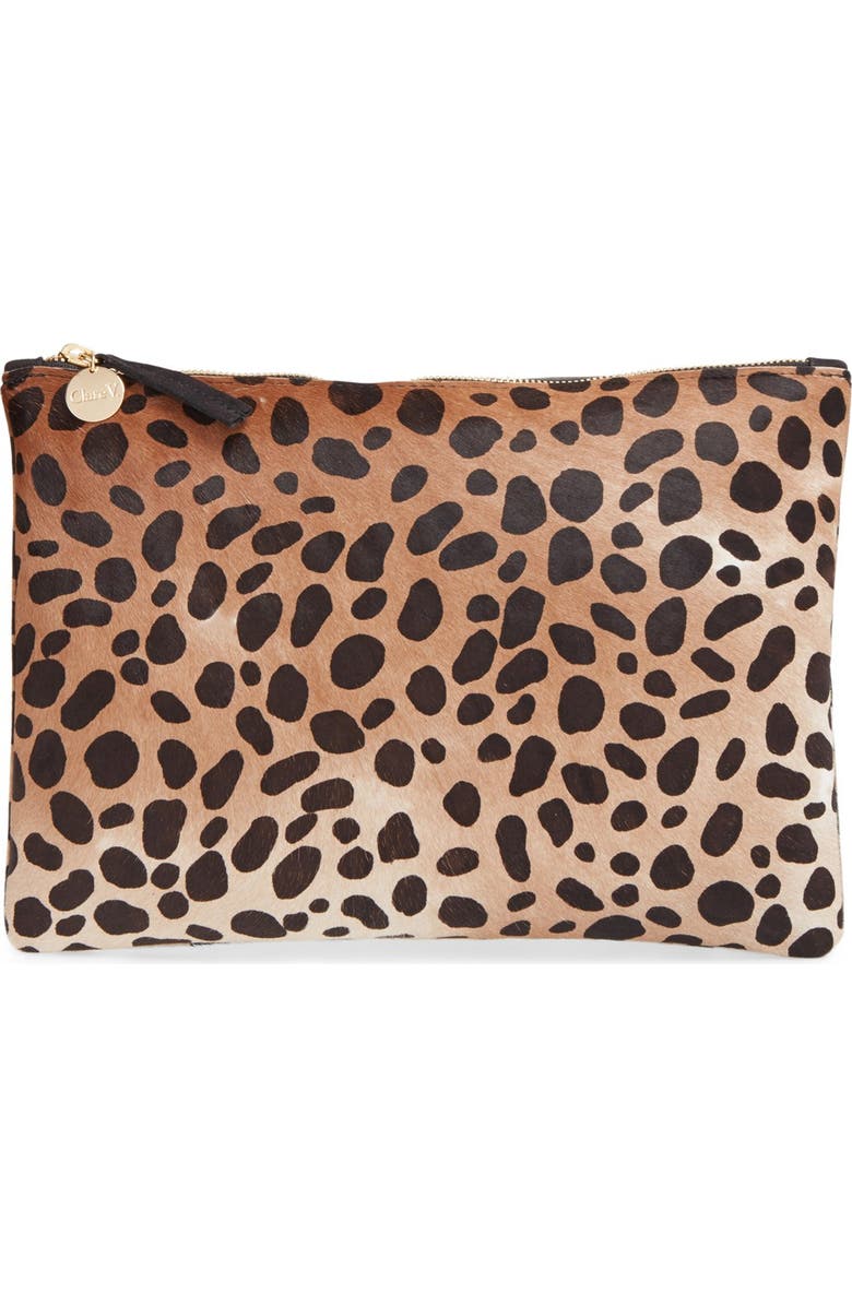 Clare V. Genuine Calf Hair Leopard Print Zip Clutch, Main, color,