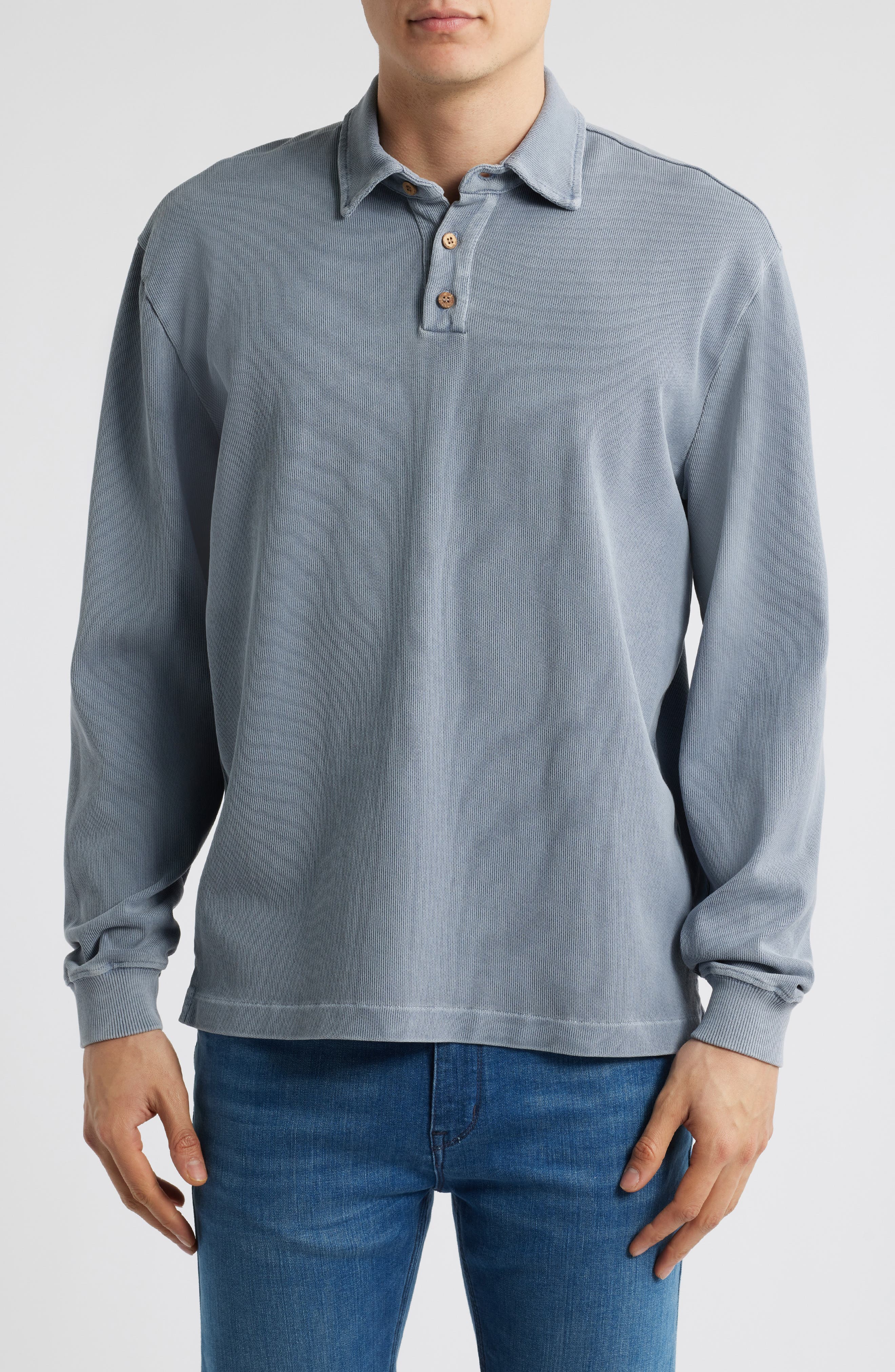 ALEX CRANE Caza Rib Organic Cotton Long Sleeve Polo in Wave 