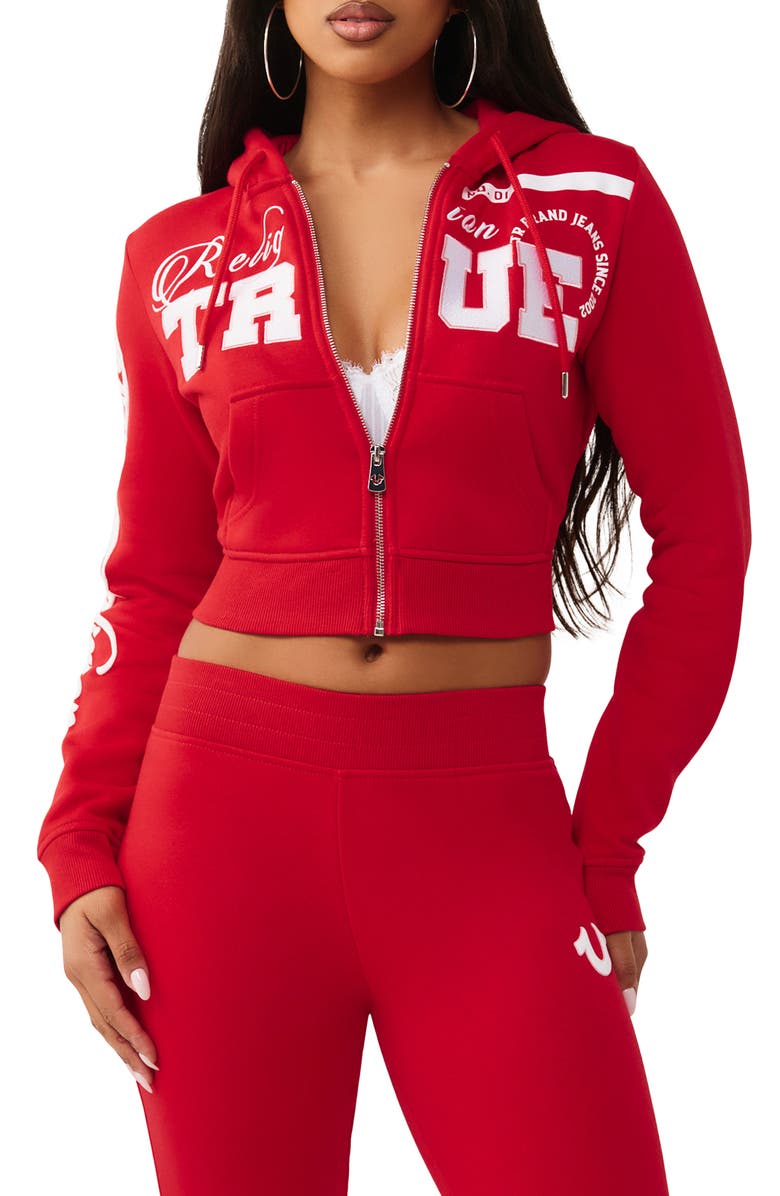 True Religion Embroidered Front Zip Cotton Blend Crop Hoodie, Main, color, Salsa