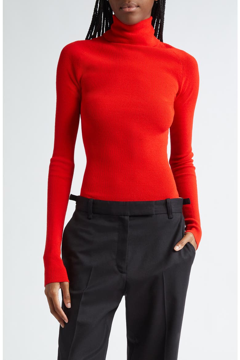 Fox Longline Logo Rib Turtleneck Top, Main, color, RED