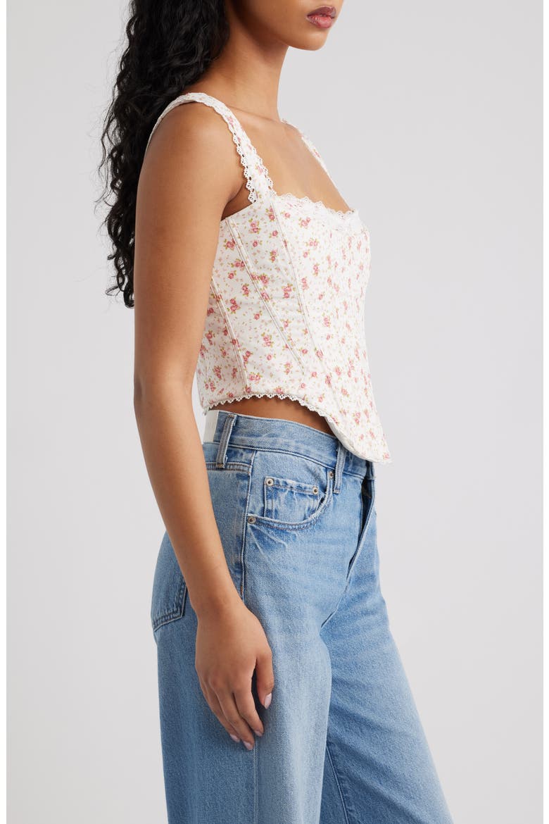 Adina Floral Lace Trim Stretch Cotton Corset Top, Alternate, color, WHITE ROSE