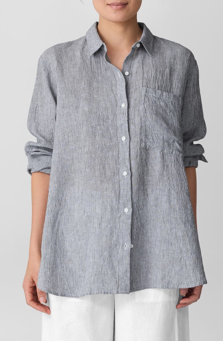 Eileen Fisher Classic Collar Oversize Organic Linen Button-Up Shirt, Main, color, Ink