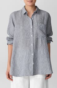 Eileen Fisher Classic Collar Oversize Organic Linen Button-Up Shirt