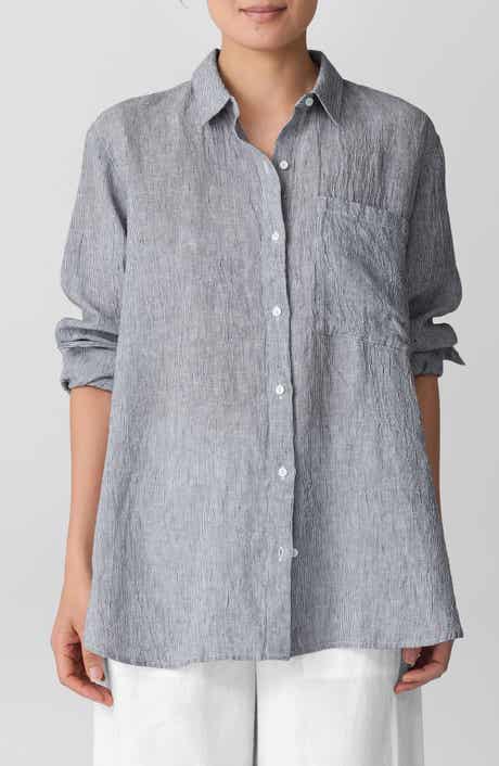 Eileen Fisher Classic Collar Oversize Organic Linen Button-Up Shirt