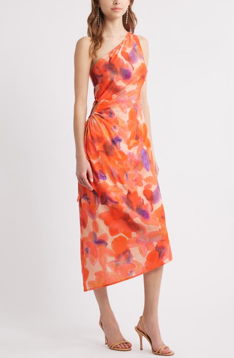 Sheath One Shoulder Floral Embroidered Lace Evening Dresses with Slit & Ruffles Waist