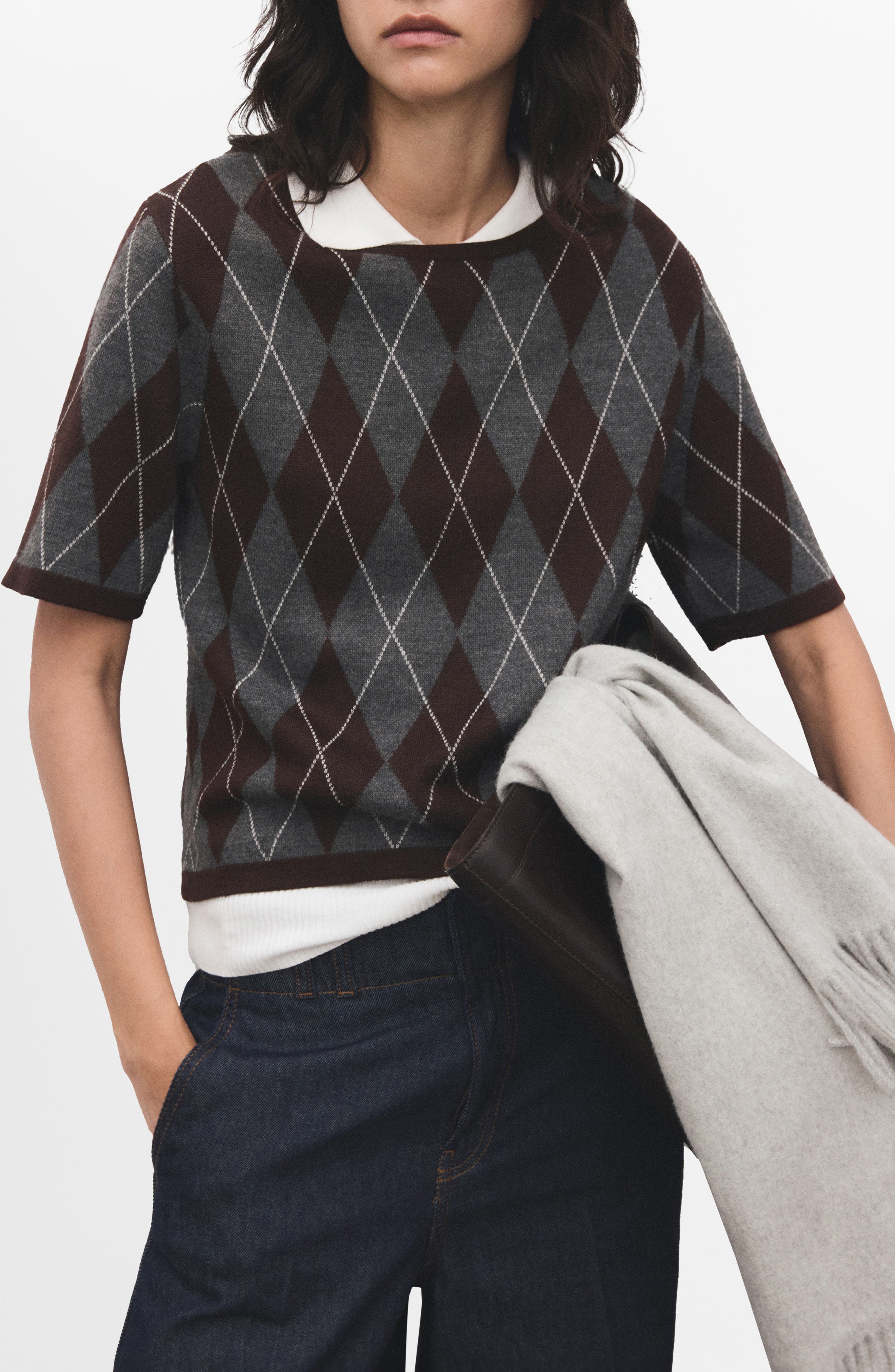 Rombus Argyle Plaid Short Sleeve Sweater