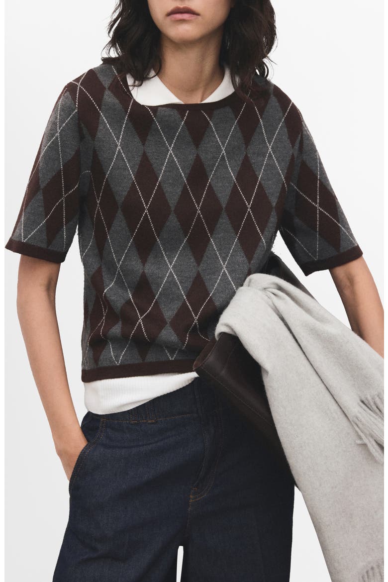 Rombus Argyle Plaid Short Sleeve Sweater, Main, color, GREY