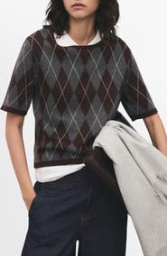 MANGO Rombus Argyle Plaid Short Sleeve Sweater