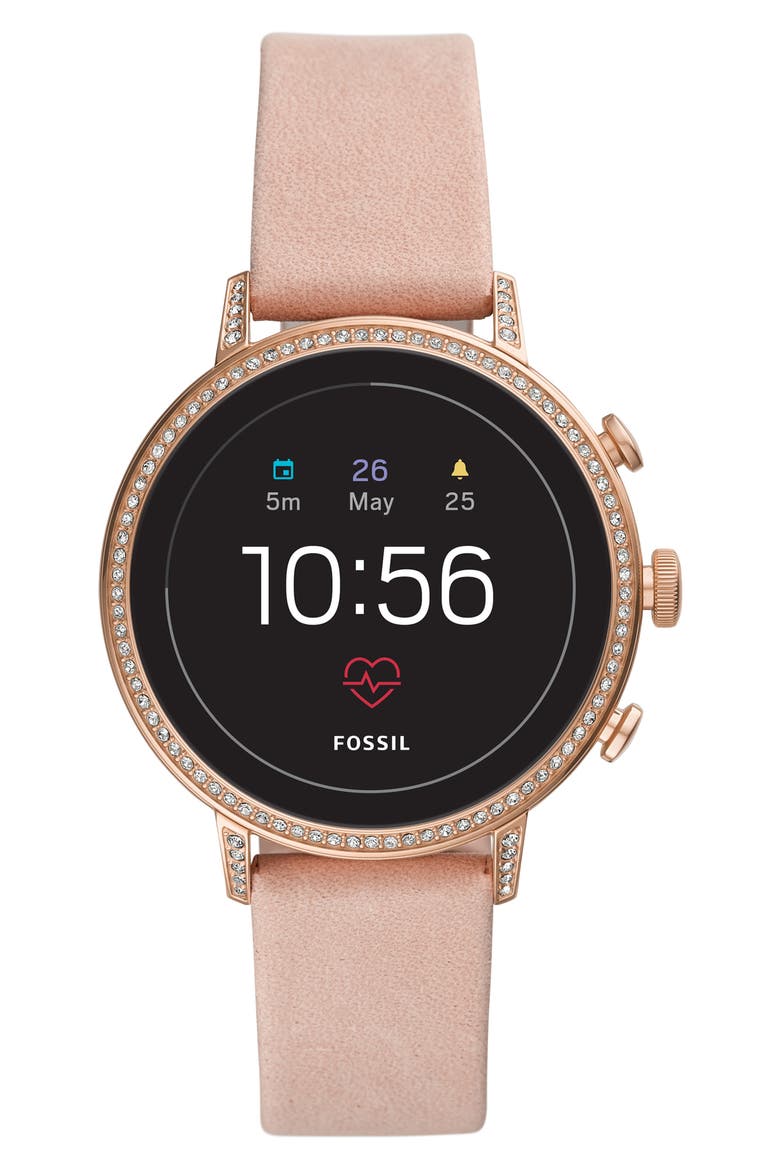 Q Venture HR Leather Strap Smart Watch, 40mm, Main, color, PINK/ ROSE GOLD