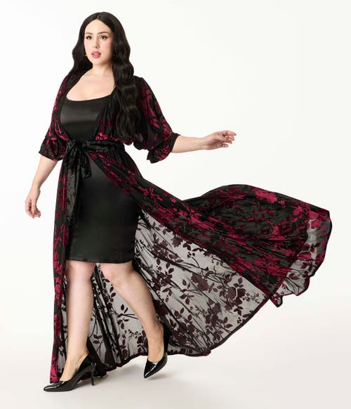 Unique Vintage Plus Size Floral Velvet Burnout Duster In Black