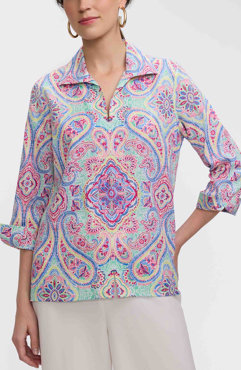 Foxcroft Agnes Paisley Linen Blend Pullover Shirt, Main, color, Green/ Multi