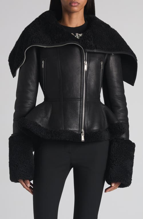 Alexander Mcqueen Mcqueen Oversize Collar Genuine Shearling Moto Jacket In Black