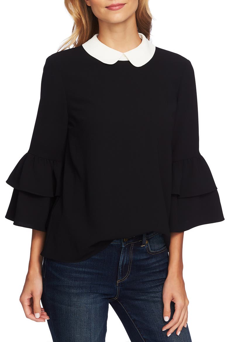 Peter Pan Collar Ruffle Sleeve Blouse, Main, color, RICH BLACK