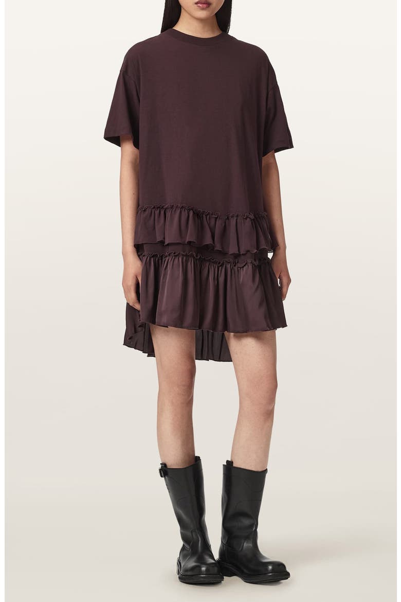 Feyre Ruffle Tiered Cotton T-Shirt Minidress, Main, color, BURGUNDY RED