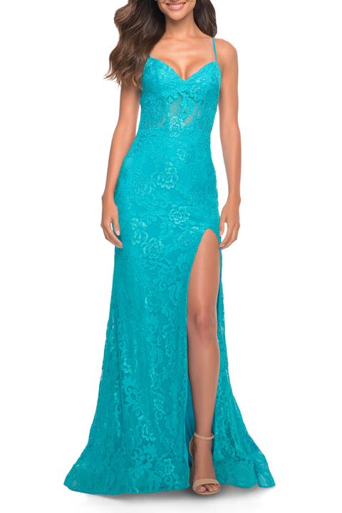 Neon Lace Prom Gown With Sheer Bodice and Tie Up Back