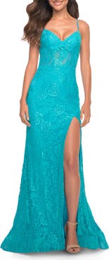 La Femme Neon Lace Prom Gown With Sheer Bodice and Tie Up Back