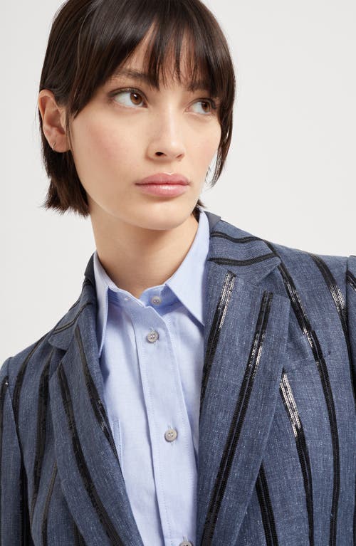 Brunello Cucinelli Paillette Striped Denim-effect Linen Single-breasted Blazer In Denim