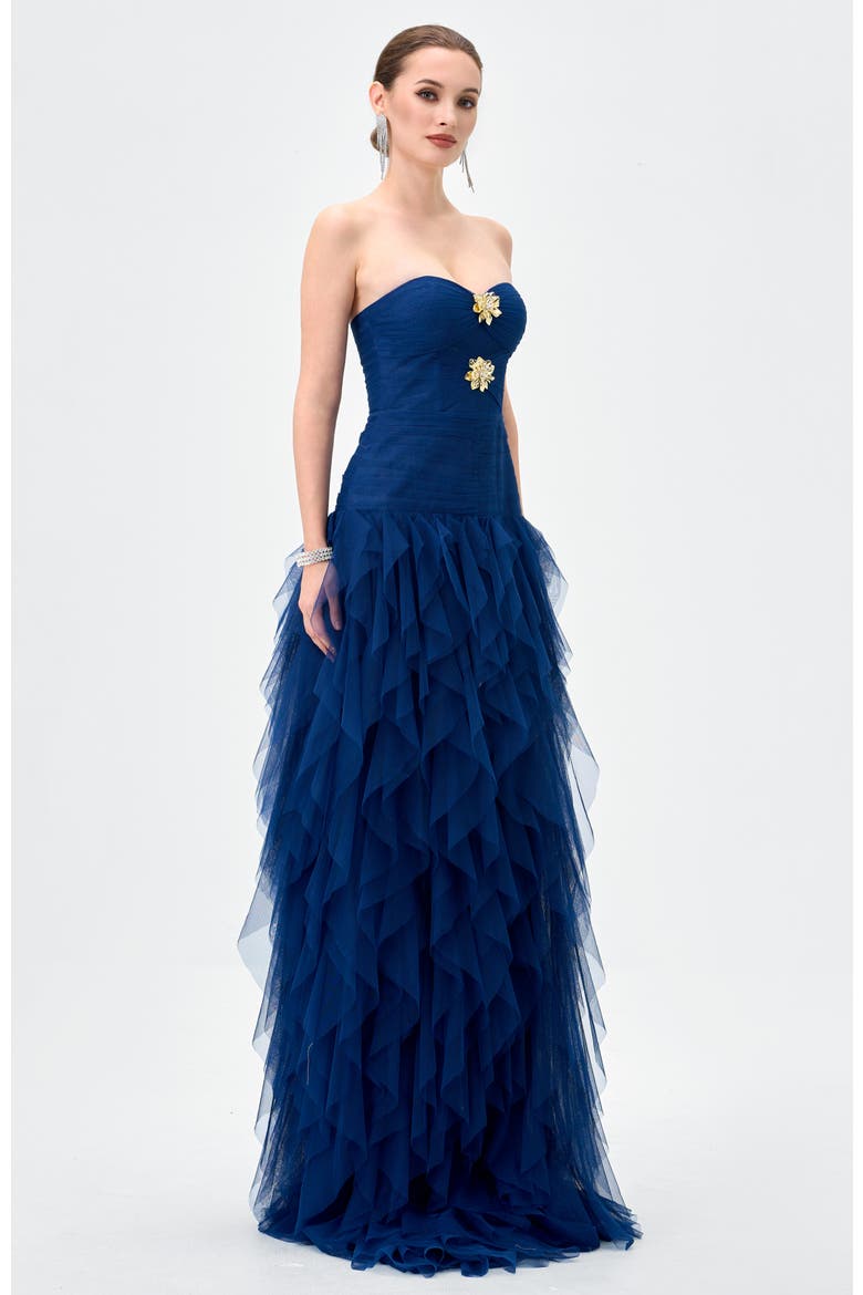 Ziana Strapless Ruffle Ball Gown, Alternate, color, NAVY