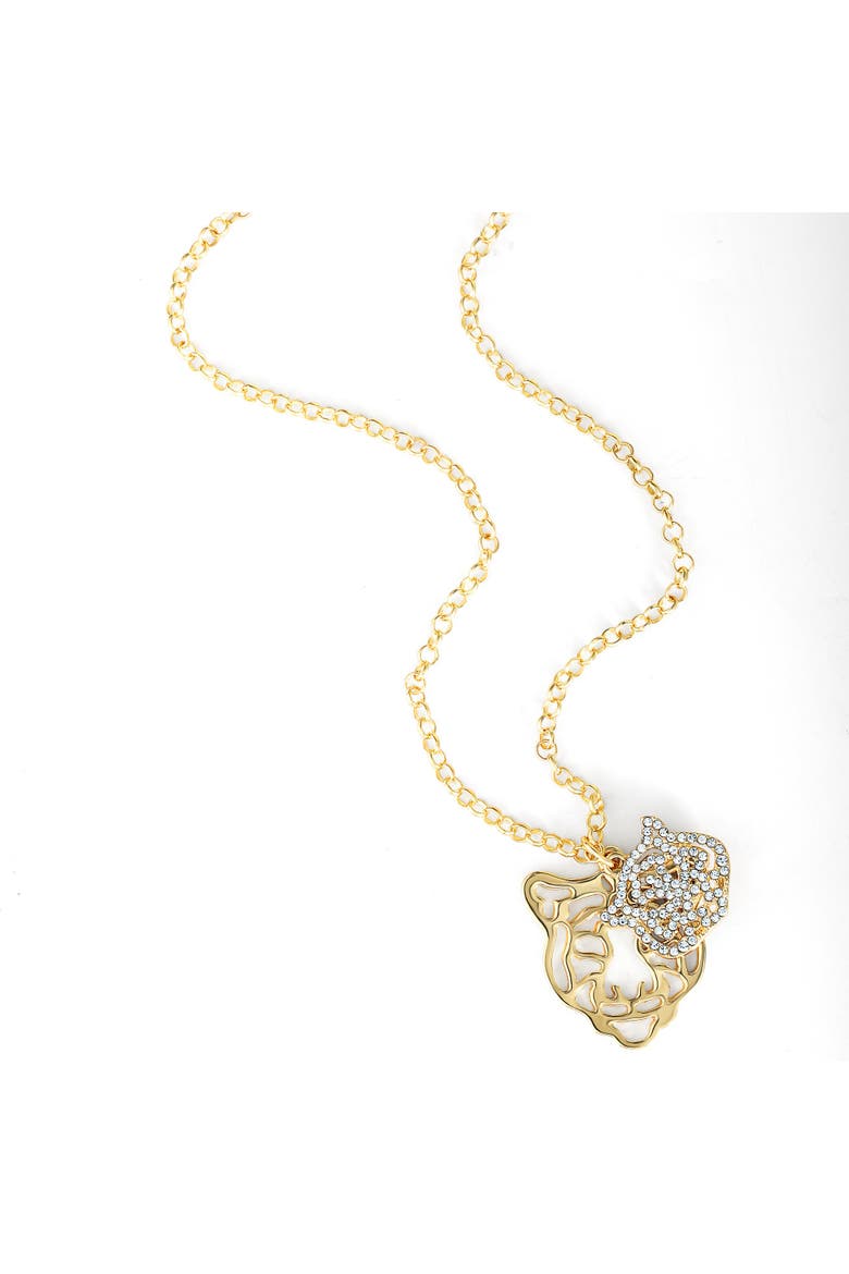 Gold-Tone Tiger Pendant Necklace with Rhinestones, Alternate, color, Gold