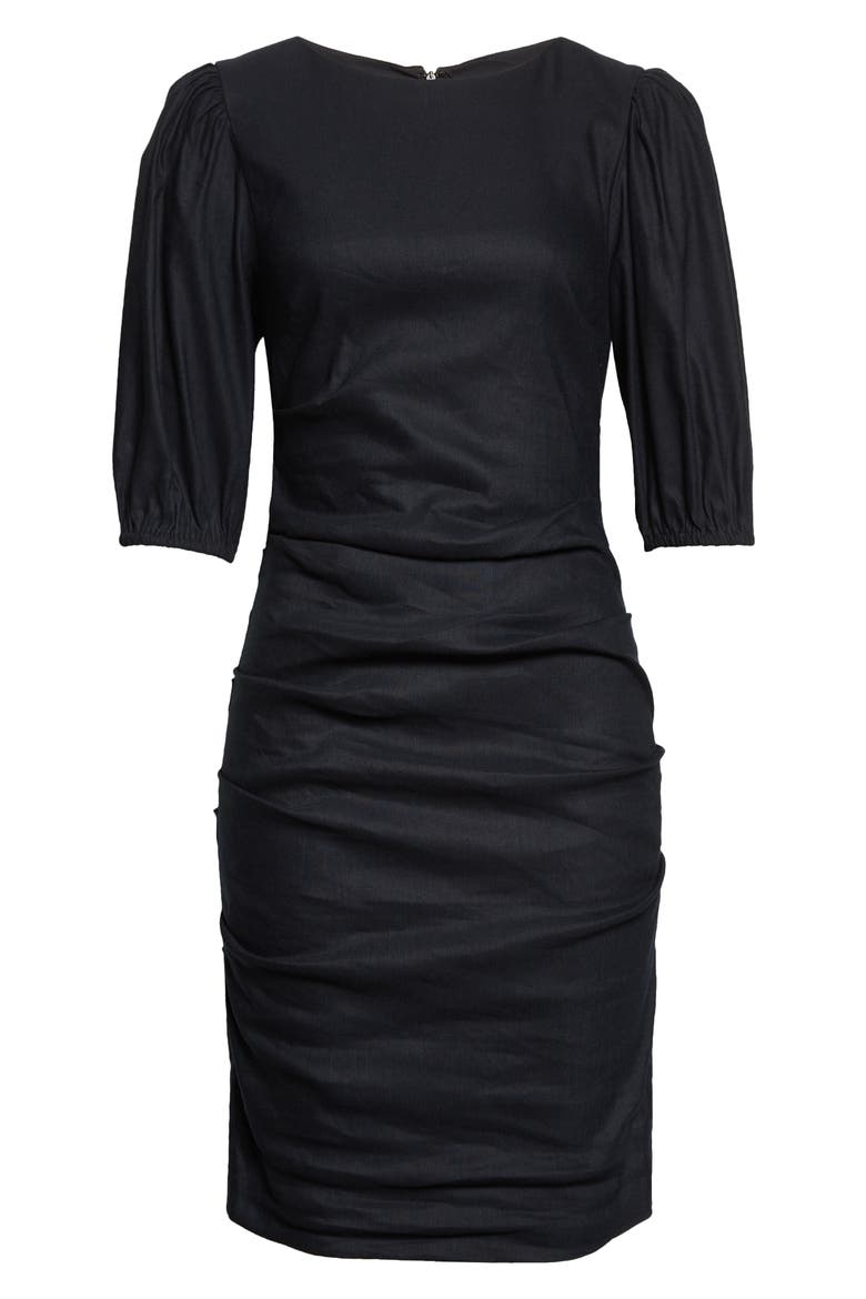 Puff Sleeve Linen Blend Minidress, Alternate, color, BLACK