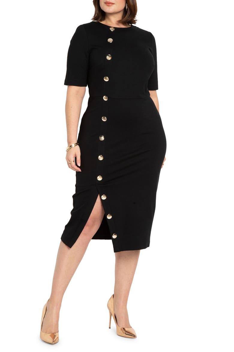 Button Detail Workwear Midi Dress, Main, color, BLACK