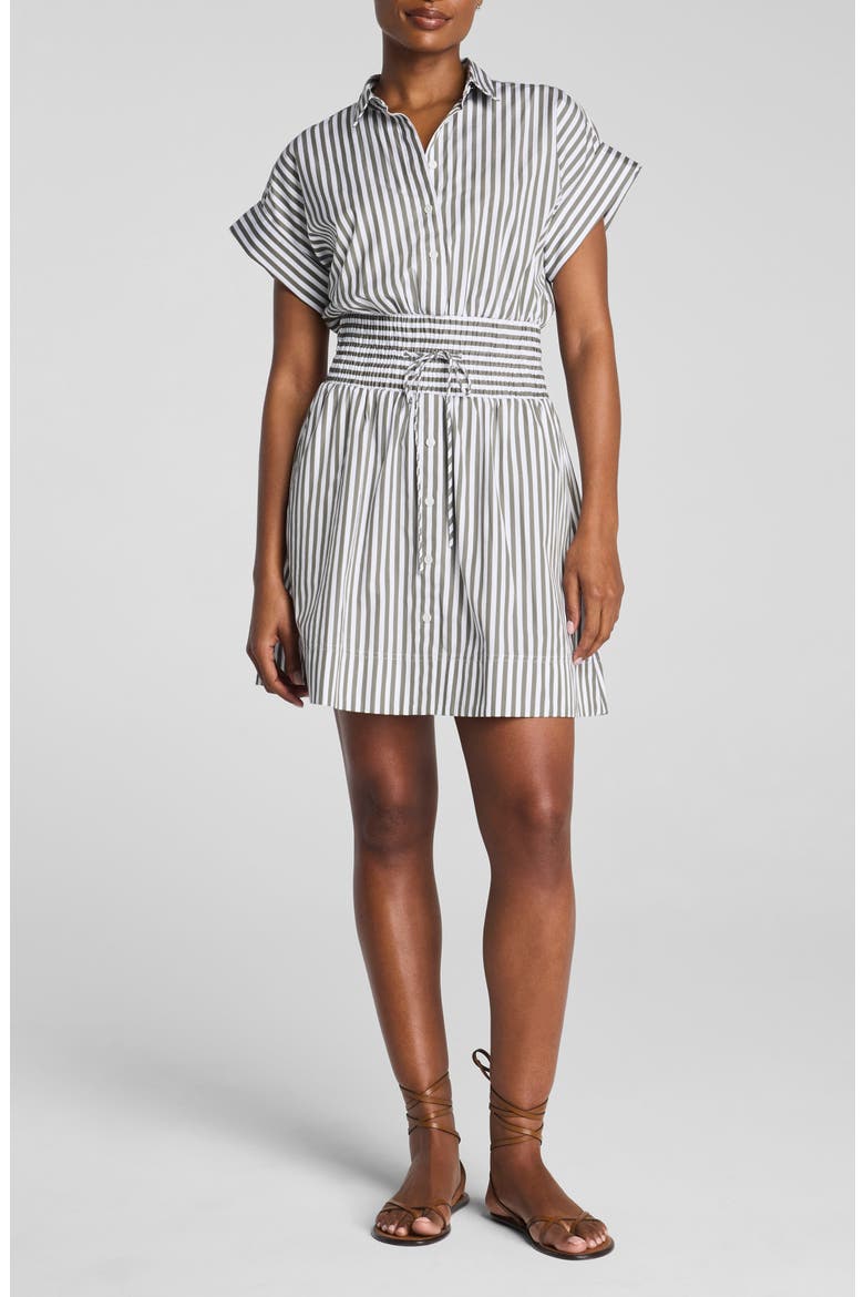 Smocked Striped Supima Cotton Mini Shirtdress, Main, color, FROSTED MOSS/ CLASSIC WHITE