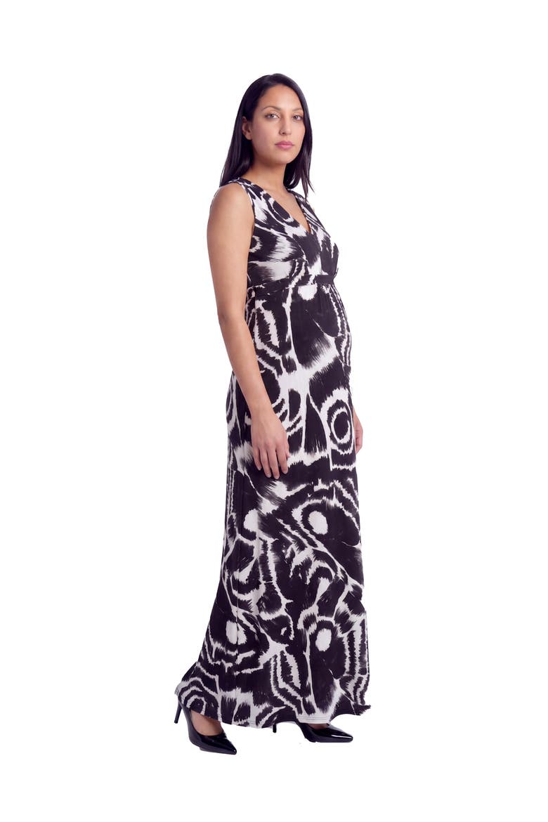 Maternity Essential Abstract Print V-Neck Sleeveless Tie Back Empire Waist Maxi Dress, Alternate, color, Black Multi