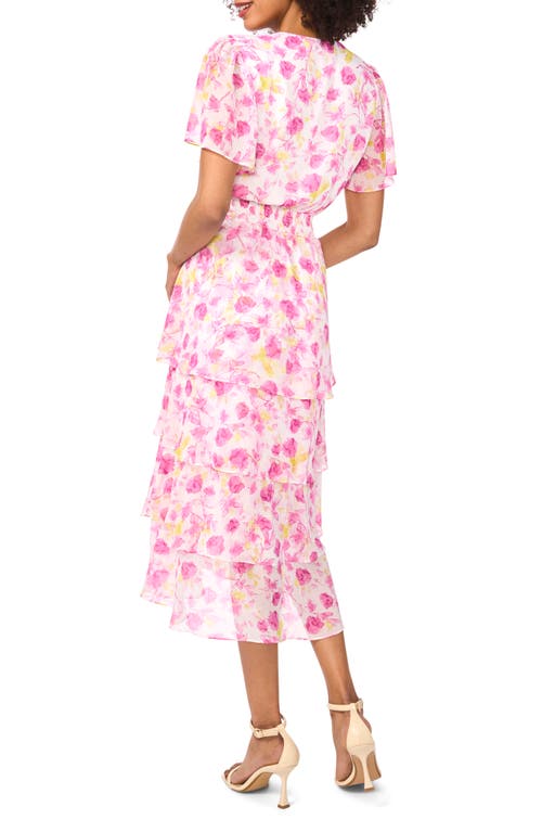 Vince Camuto Floral Print Flutter Sleeve Tiered Ruffle Midi Dress In Violet Blush