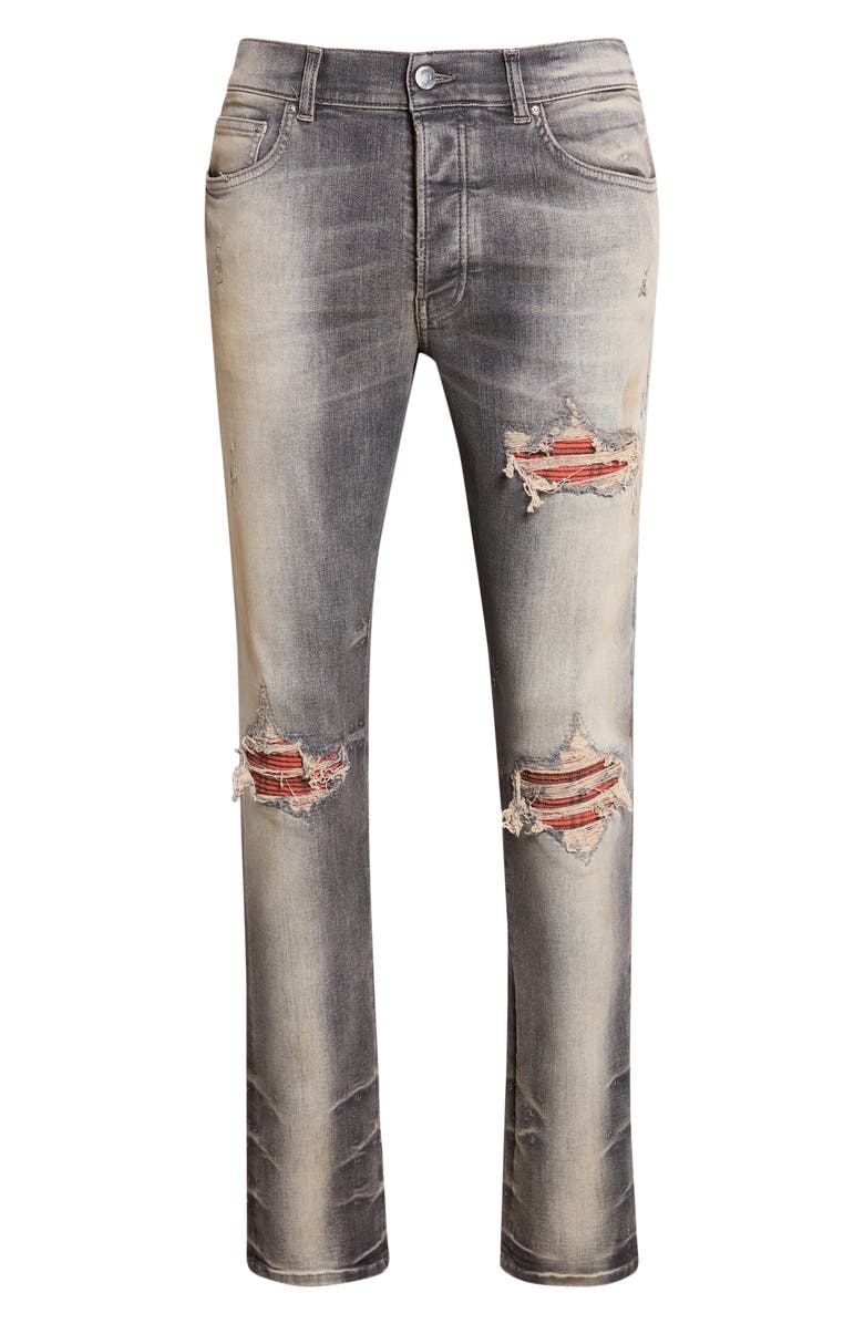 AMIRI MX1 Flannel Patch Ripped Skinny Jeans, Main, color, Perfect Antique Black
