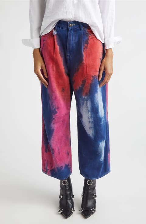 Pleated Crop Wide Leg Jeans (Blaze Rose)